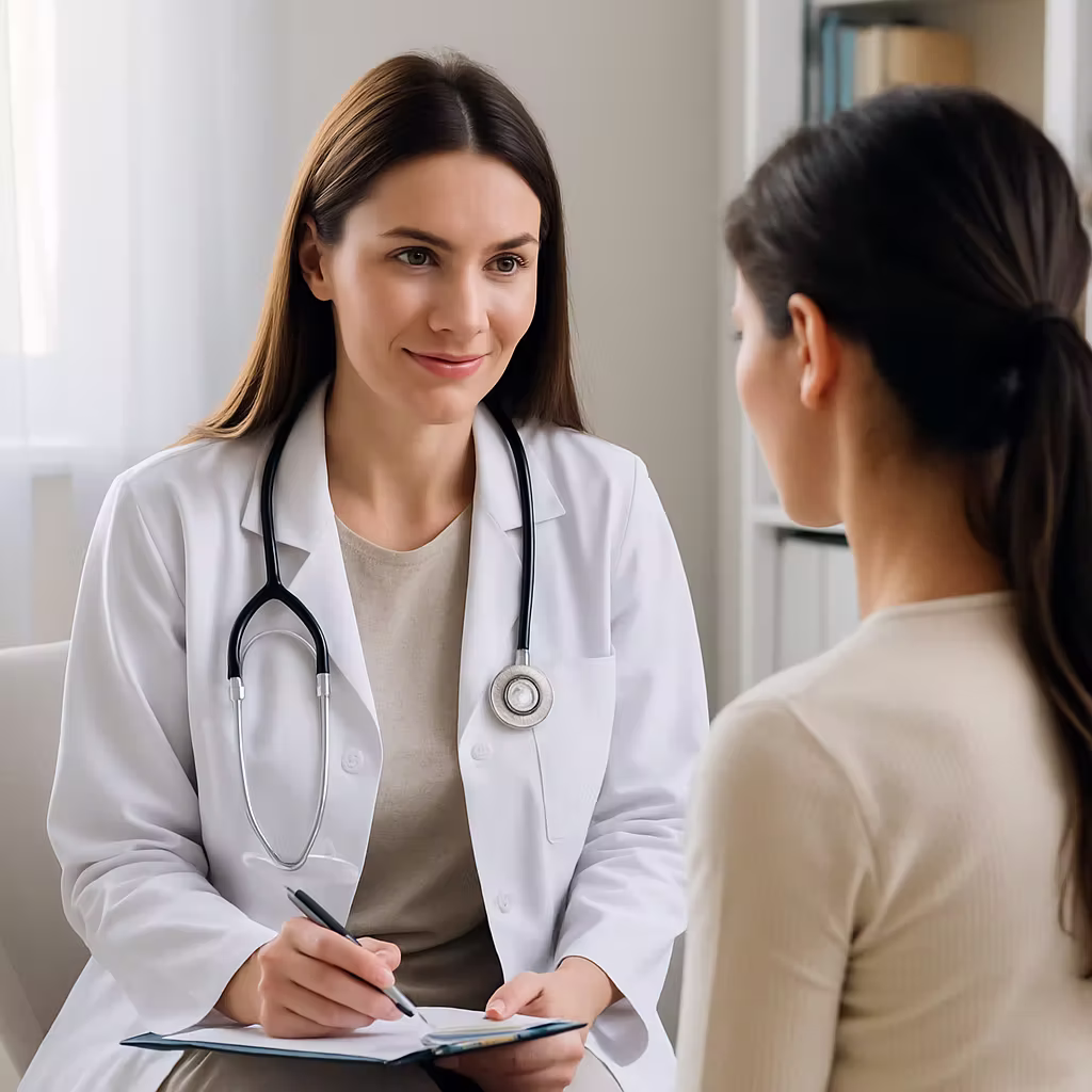 Female doctor consulting patient about Pap smear
